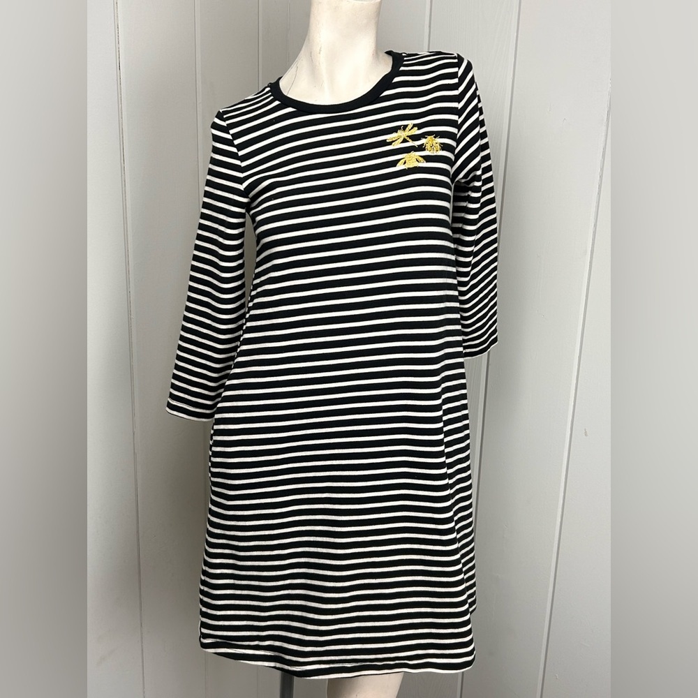 Joules Black White Striped Bee Embroidered casual shift Dress 3/4 Sleeve Size 8